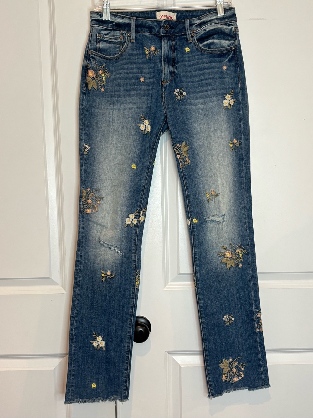 Driftwood Audrey Embroidered Floral Distressed Straight Leg Jeans 28
